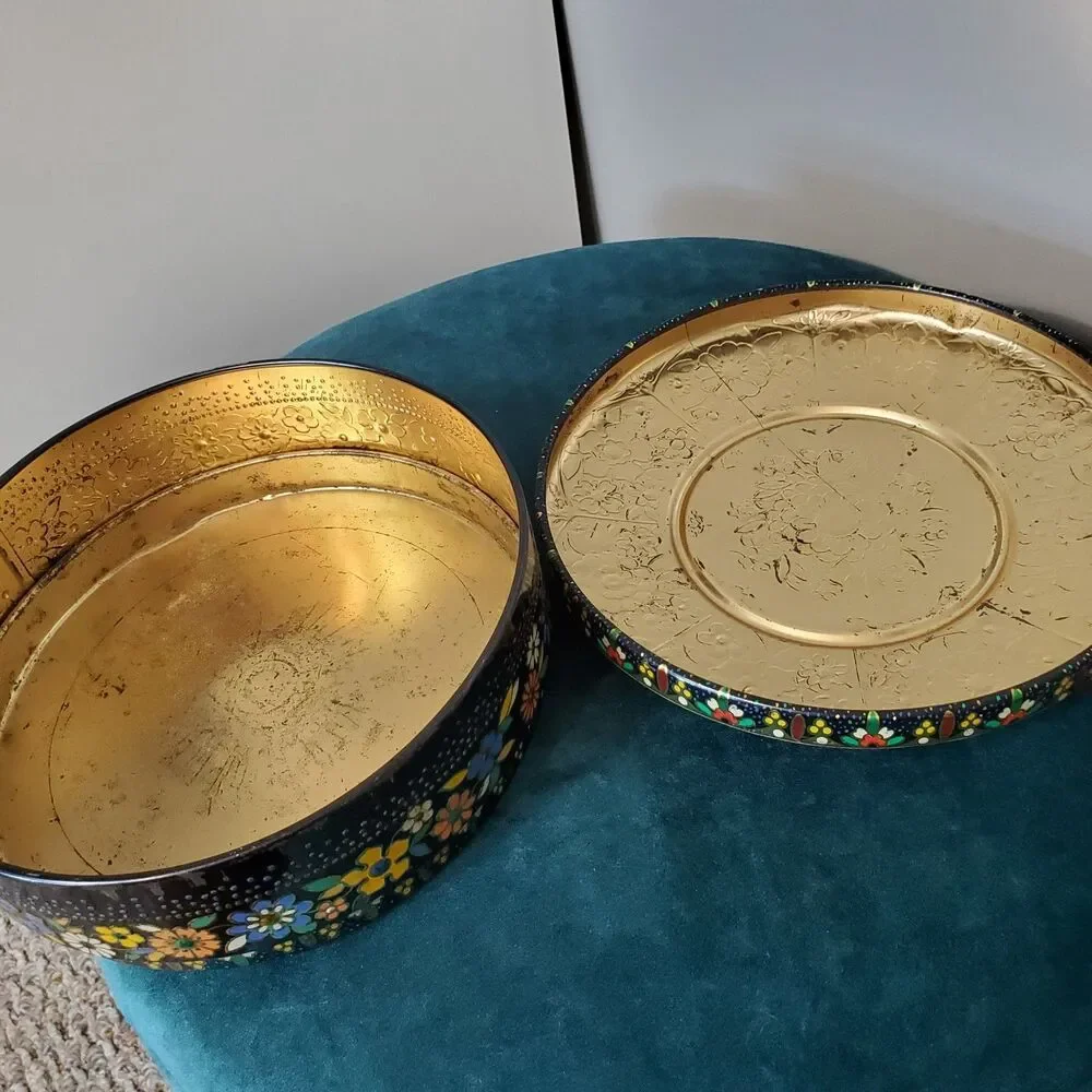 Vintage Floral Cloisonné Like Tin Metal Container With Lid Colorful 8